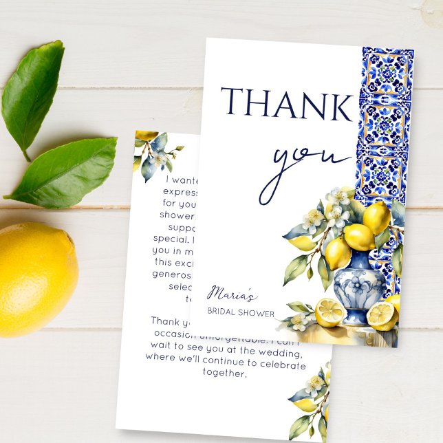 Carte De Remerciements tuile bleu italien d'Amalfi citrons enterrement de (Amalfi Italian Vietri blue tiles lemons bridal shower Thank You Card Mediterranean ceramic vase)