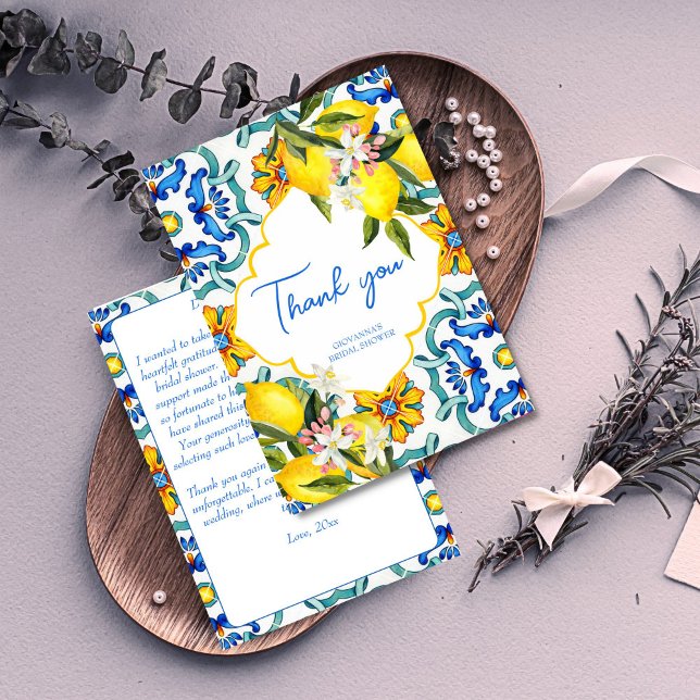 Carte De Remerciements tuiles méditerranéennes Majolica citrons enterreme (Mediterranean Majolica Italian blue tiles lemons bridal shower Thank You Card Sicilian bridal shower)
