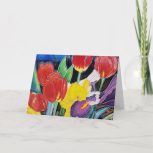 Carte De Remerciements Tulipes rouges, jonquille jaune et Iris pourpre
