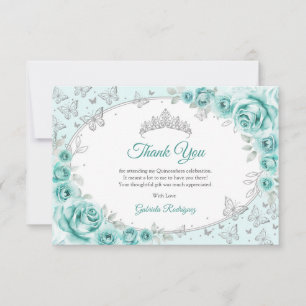 Carte De Remerciements Turquoise Argent Floral Quinceanera