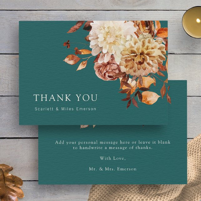 Carte De Remerciements Turquoise Automne Terracotta Aquarelle Florale Mar (Teal Fall Terracotta Watercolor Floral Wedding Thank You Card by Painted Paperie
)