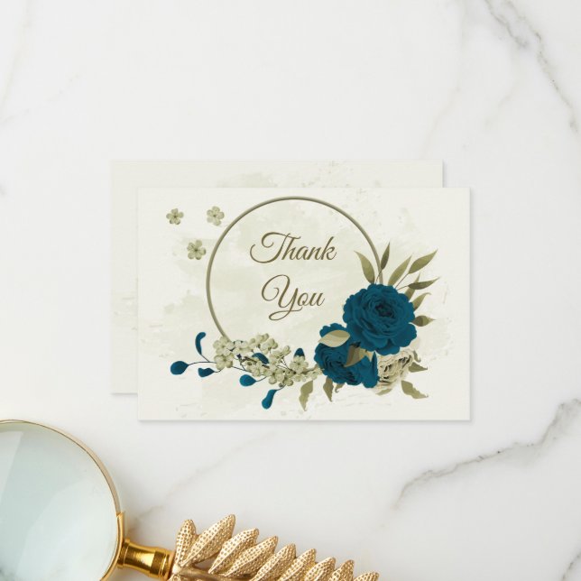 Carte De Remerciements turquoise bleu beige fleurs mariage botanique (Devant/Arrière en situation)