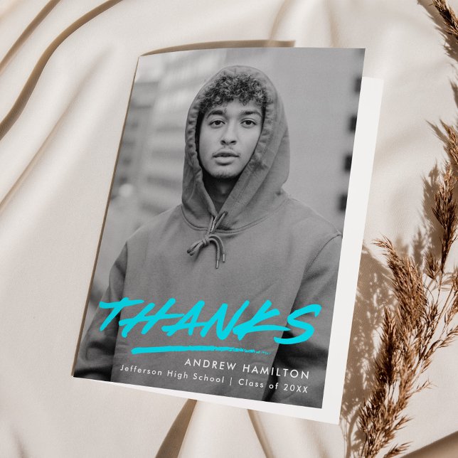 Carte De Remerciements Turquoise Dashed Modern Photo Graduation (Créateur téléchargé)