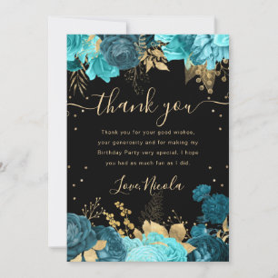 Carte De Remerciements Turquoise et Roses Florales Anniversaire en Or