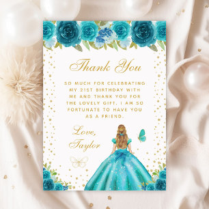 Carte De Remerciements Turquoise Floral Blonde Hair Princess Anniversaire