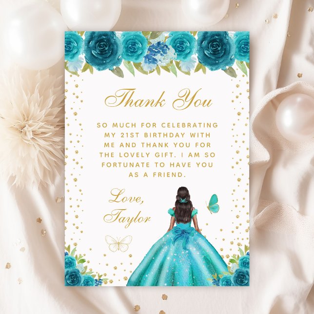 Carte De Remerciements Turquoise Floral Peau foncée Princesse Anniversair (Créateur téléchargé)