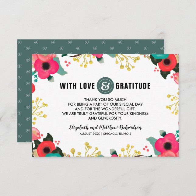 Carte de remerciements Turquoise Floral rose moder (Devant / Derrière)