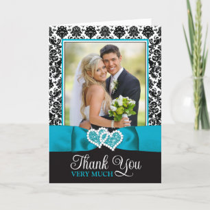 Carte De Remerciements Turquoise, Noir Damask Love Hearve Mariage
