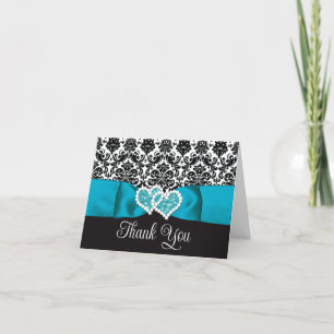 Carte De Remerciements Turquoise, Noir Damask Love Hearve Mariage