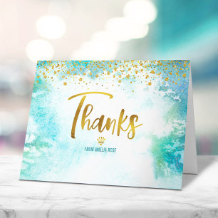 Carte De Remerciements Turquoise Or Quinceañera Aquarelle Élégant Gras