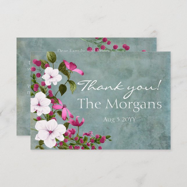 Carte De Remerciements Turquoise poussiéreux blanc magenta vert Floral (Devant / Derrière)