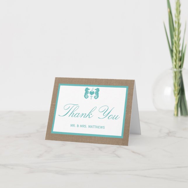 Carte De Remerciements Turquoise Seahorse Burlap Beach Wedding Collection (Devant)