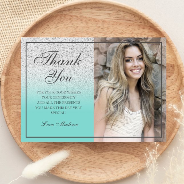 Carte De Remerciements Turquoise Silver parties scintillant photo chic me (Créateur téléchargé)