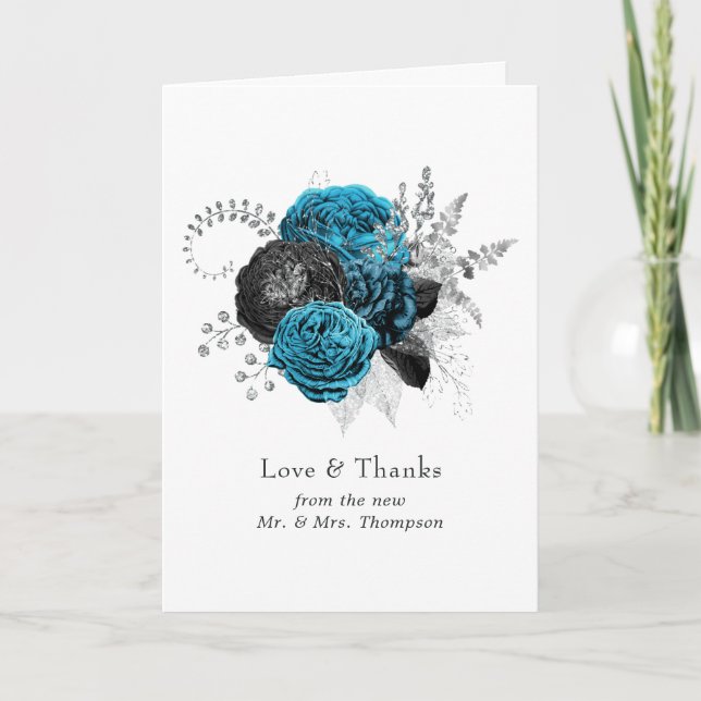 Carte De Remerciements Turquoise - Turquoise Black and Silver Floral Mari (Devant)
