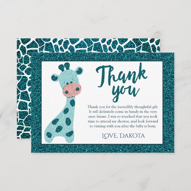 Carte De Remerciements Turquoise Turquoise Giraffe Baby shower Parties sc (Devant / Derrière)