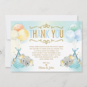 Carte De Remerciements Twin Baby Boys Elephant Baby shower Sprinkel