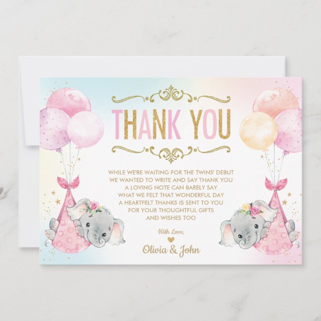 Carte De Remerciements Twin Baby Girls Elephant Baby shower Sprinkel (Devant)