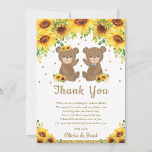 Carte De Remerciements Twin Boy Girl Teddy Bear Baby shower de tournesol