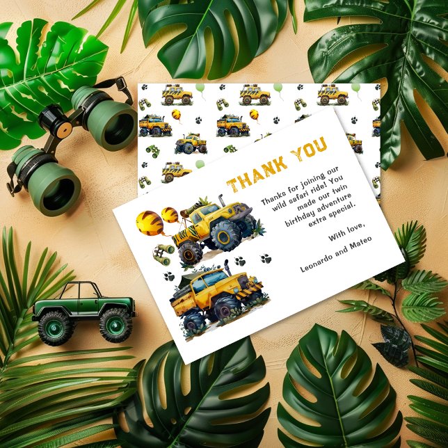 Carte De Remerciements Twin Boys Safari Jungle Monster Camion Anniversair (Créateur téléchargé)
