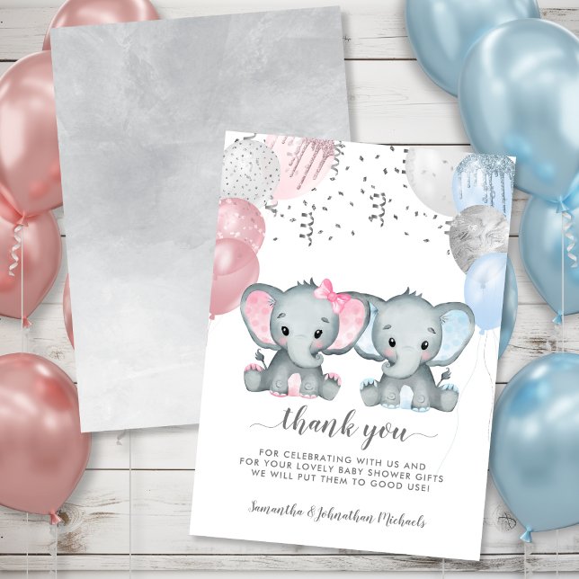 Carte De Remerciements Twin Elephant Balloons Baby shower aquarelle (Twin Elephant Balloons Watercolor Baby Shower Thank You Card)