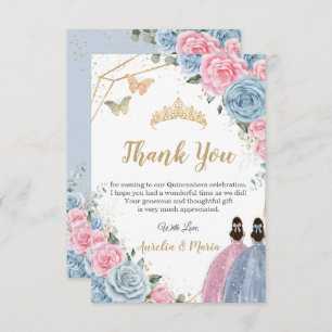 Carte De Remerciements Twins Quinceañera Baby Blue Rose Floral Princesses