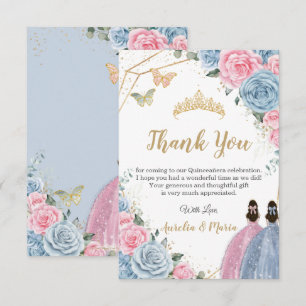 Carte De Remerciements Twins Quinceañera Baby Blue Rose Floral Princesses