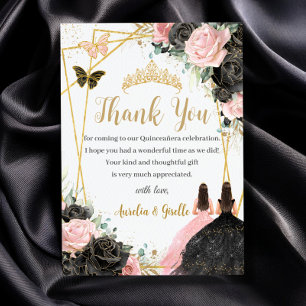 Carte De Remerciements Twins Quinceañera Sweet 16 Floral rose noir