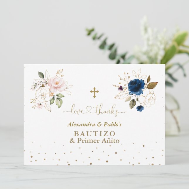 Carte De Remerciements Twins Rose Blue Flowers Primer Añito Y Bautizo (Debout devant)