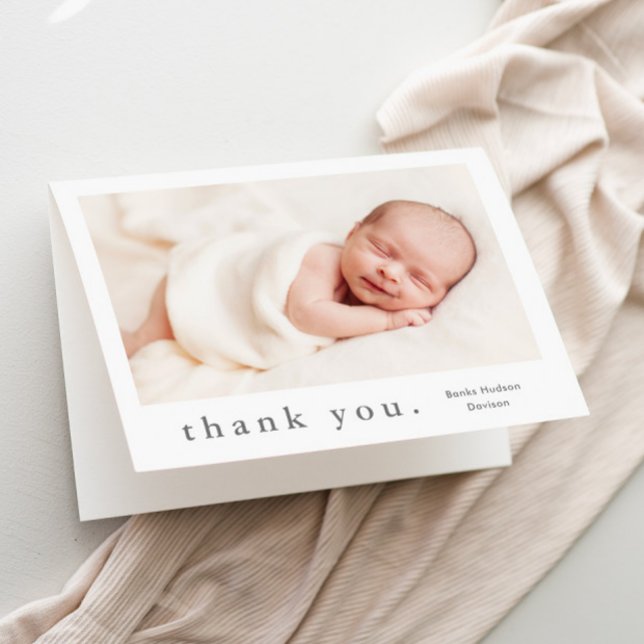 Carte De Remerciements Type Simple Photo Bébé (Simple typography gender neutral baby photo thank you card.)