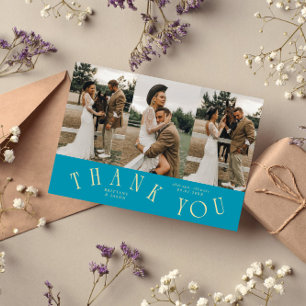 Carte De Remerciements Typographie Courbe Bleu Aqua Mariage Multi Photo 