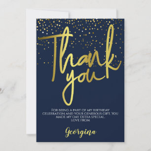 Carte De Remerciements Typographie dorée Navy pour anniversaire