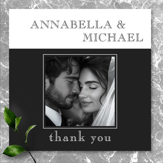 Carte De Remerciements Typographie moderne Mariage noir blanc photo (Modern Typography Black White Wedding Photo Thank You Card)