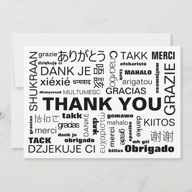 Carte De Remerciements Typographie multilingue plat noir blanc (Devant)