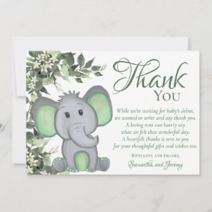 Carte De Remerciements Un Baby shower Eléphant Neutre Genre Vert Mignonne
