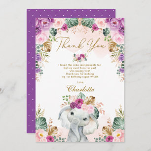 Carte De Remerciements Un Boho sauvage Éléphant rose violet fleuri Annive