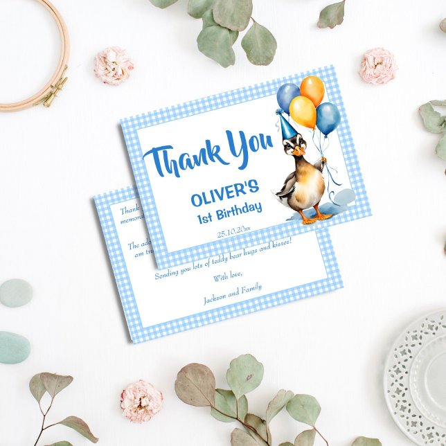 Carte De Remerciements Un canard chanceux bleu en vichy anniversaire merc (One lucky duck blue gingham birthday party thank you cards cute mallard duck boys 1st birthday)