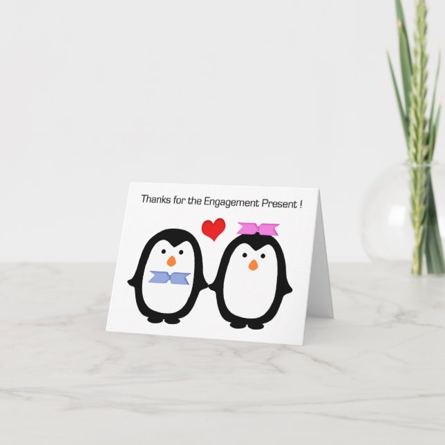 Carte De Remerciements Un couple de pingouins Un Fiançailles féminin Merc (Devant)