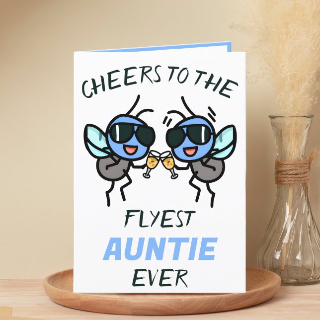 Carte De Remerciements Un joli jeu de tournois amusant à Tante Joyeux Ann (funny cheers to the flyest aunt birthday card with two flies wearing sunglasses giving a toast)