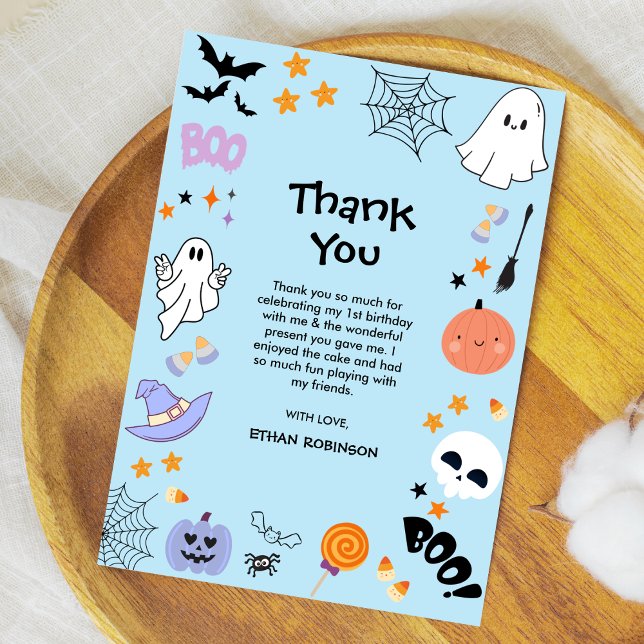 Carte De Remerciements Un joyeux fantôme mignon bleu pour un 1er annivers (Blue Spooky One Cute Ghost Boy Halloween 1st Birthday Thank You Card   )