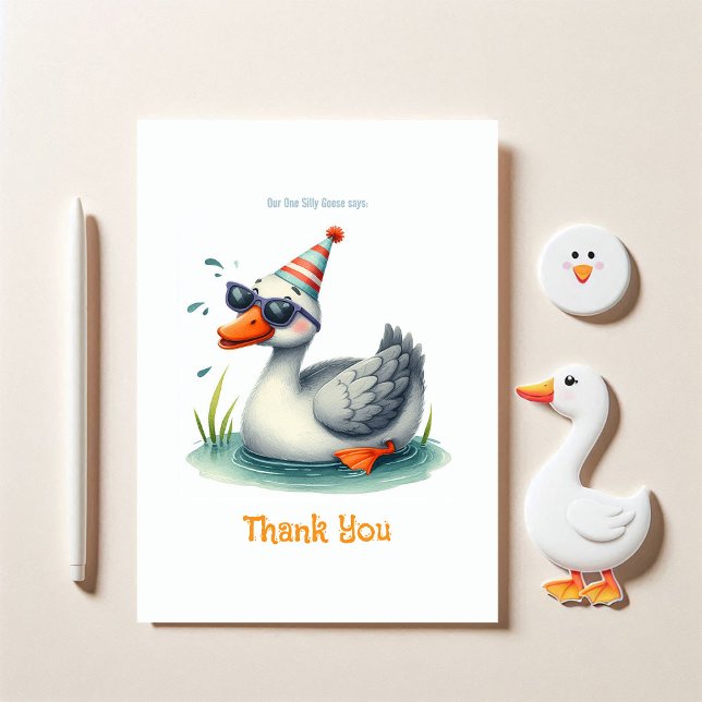 Carte De Remerciements Un joyeux premier anniversaire de One Silly Goose (One Silly Goose 1st Birthday Thank You Card)