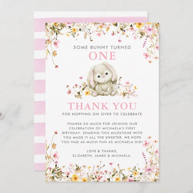 Carte De Remerciements Un lapin a tourné le 1er anniversaire d'une fille  (Devant / Derrière)