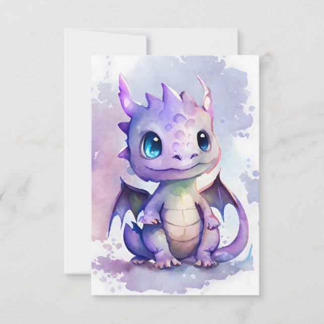 Carte De Remerciements Un mignon dragon de bébé violet à l'aquarelle (Devant)