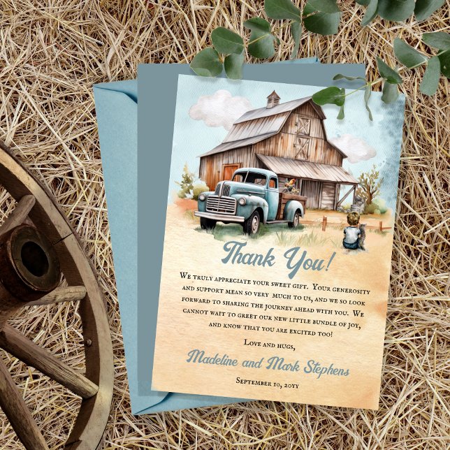 Carte De Remerciements Un Mignon Petit Agriculteur Est En Chemin De Baby  ("A Cute Little Farm Boy Is On His Way!" Rustic Barn and Vintage Truck Boy Baby Shower Thank You Card)