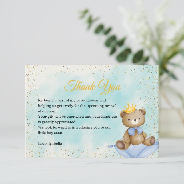 Carte De Remerciements Un petit Baby shower Prince Blue Gold Boy (Debout devant)