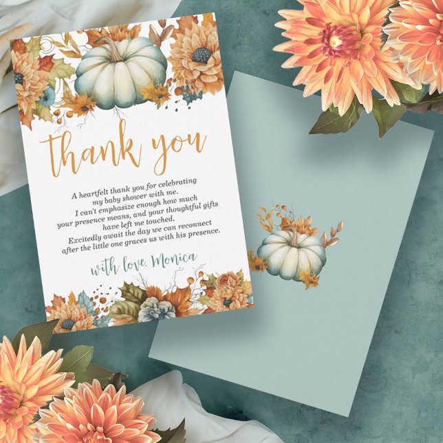 Carte De Remerciements Un Petit Citrouille Automne Automne Automne Baby s (A Little Pumpkin Watercolor Floral Boy Baby Shower Thank You Card)