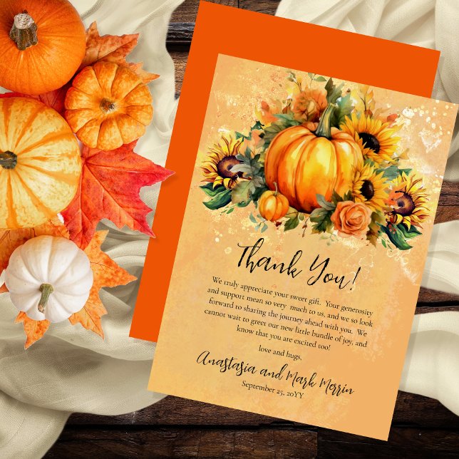 Carte De Remerciements Un Petit Citrouille | Baby shower d'automne des to ("A Little Pumpkin Is On The Way" Pumpkins, Sunflowers and Apricot Roses Baby Shower Thank You Card)