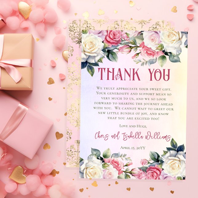 Carte De Remerciements Un Petit Rose Se Trouve Sur Le Chemin Du Baby show (A Little Rose Is On The Way Pink Rose Bouquets Girl Baby Shower Flat Thank You Card --Damask Back)