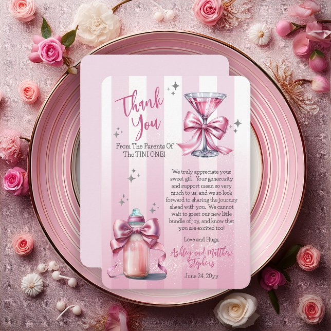 Carte De Remerciements Un Tini sucré Un Coquette Rose Baby shower fille (Coquette Bows Martini | Bottle Girl Baby Shower Thank You Flat Card - "A Sweet Tini One" Collection)