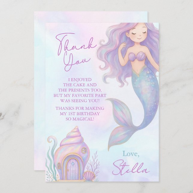 Carte De Remerciements Under the Sea Mermaid Sea Purple Girl 1st Birthday (Devant / Derrière)