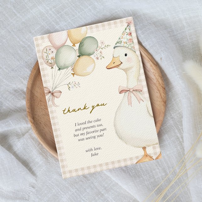 Carte De Remerciements Une Aquarelle d'oie soie En vichy 1er anniversaire (One Silly Goose 1st Birthday Thank You Card Gingham Gender Neutral Cute Aesthetic)